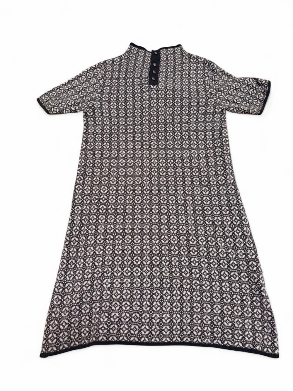 Black and White Patterned Midi Dress with Button Placket